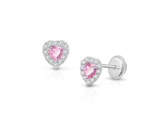 925 Sterling Silver Heart Shaped Pink & White CZ Stud Earrings with Pave Setting para joyas finas para niños