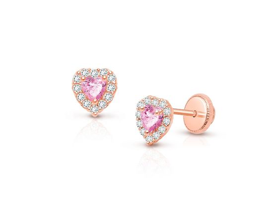 925 Sterling Silver Heart Shaped Pink & White CZ Stud Earrings with Pave Setting para joyas finas para niños