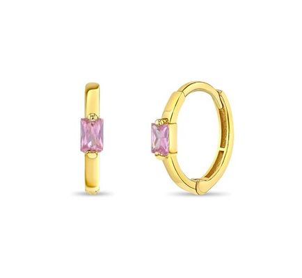 Pendientes de aro para niña con circonitas cúbicas rosas corte baguette de 10 mm chapados en oro de 14K con MOQ de 50 pares