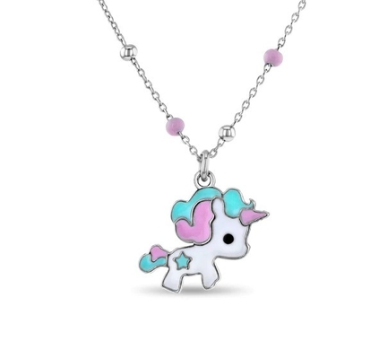 Niños colgante de unicornio de esmalte collar 925 plata esterlina oro blanco