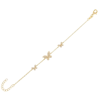 14K Oro Triple Mariposa Brazalete Claros CZ Plata Brazalete 925