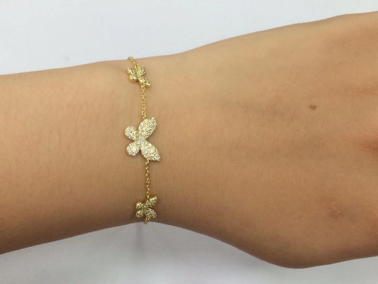 14K Oro Triple Mariposa Brazalete Claros CZ Plata Brazalete 925
