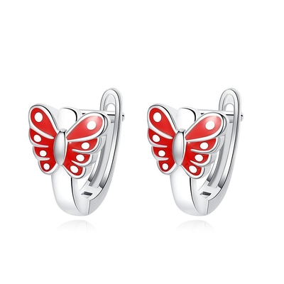 Los niños de la mariposa rojo del esmalte de la plata esterlina de los pendientes del aro de oro blanco