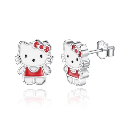 Kitty Childrens Orecillos de plata Rojo Blanco Negro Joyería de esmalte en plata 925