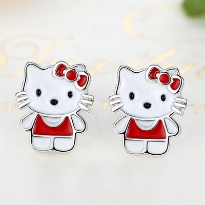 Kitty Childrens Orecillos de plata Rojo Blanco Negro Joyería de esmalte en plata 925