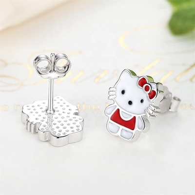 Kitty Childrens Orecillos de plata Rojo Blanco Negro Joyería de esmalte en plata 925