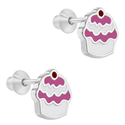 Cupcake Rosa Esmaltado 925 Plata Esterlina Torsión de espalda Niños Ahorros Joyería
