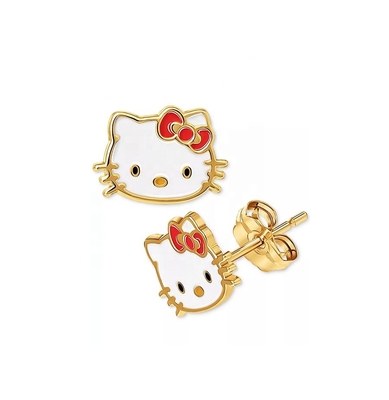 18K Oro Revestido Hello Kitty Enamel Stud Aretes para Niñas en 925 Sterling Plata