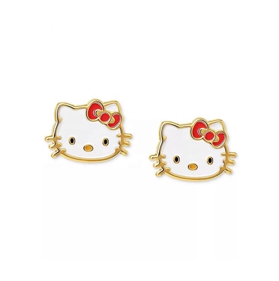 18K Oro Revestido Hello Kitty Enamel Stud Aretes para Niñas en 925 Sterling Plata