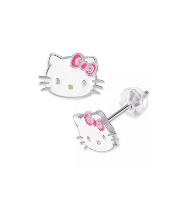 18K Oro Revestido Hello Kitty Enamel Stud Aretes para Niñas en 925 Sterling Plata