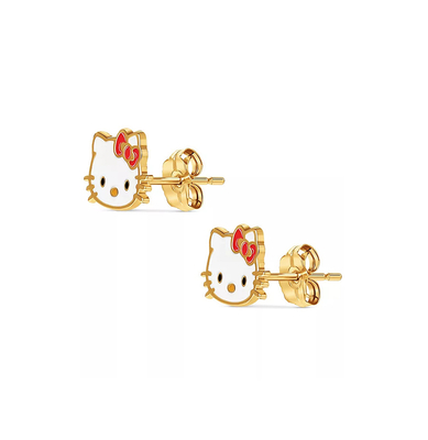 18K Oro Revestido Hello Kitty Enamel Stud Aretes para Niñas en 925 Sterling Plata