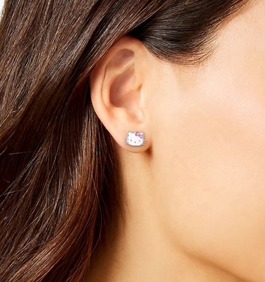 18K Oro Revestido Hello Kitty Enamel Stud Aretes para Niñas en 925 Sterling Plata