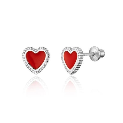 Los pendientes de seguridad para niños en plata esterlina 925 con corazón de esmalte rojo pequeño