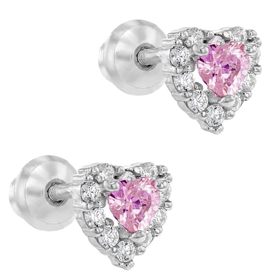 Corazón rosado dorado rosa CZ de tornillo de espalda auriculares para niños en plata esterlina 925