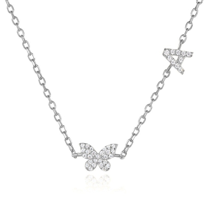 Collar Mini 18K Oro Blanco Micron Pave CZ Mariposa 925 colgante de plata esterlina