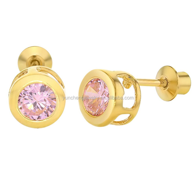 Confeccionado a mano 4 mm CZ claro Revestido de oro de orejas para bebés 925 joyas de plata