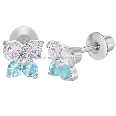 Butterfly Blue and Clearly CZ Los pendientes personalizados para niños 925 de plata esterlina