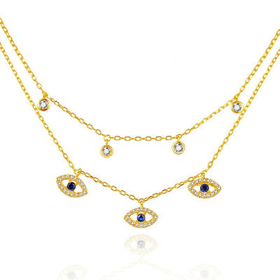 Doble capa de ojo malo conjunto de bisel de diamantes collar de mujeres conjunto de bisel colgantes