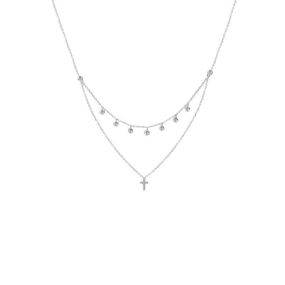 Dos capas de bisel conjunto colgante de cruz de diamante collar de cadena de oro de rhodium