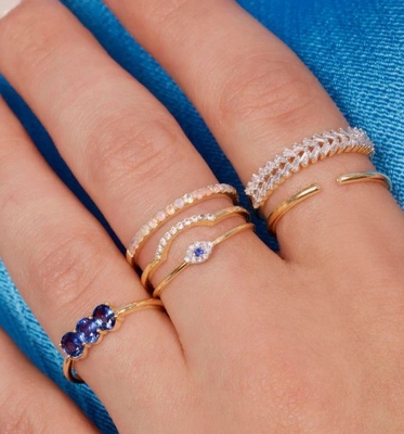 Anillo Mini Pave de estilo clásico con ojo de diamante y zafiro azul en plata esterlina 925