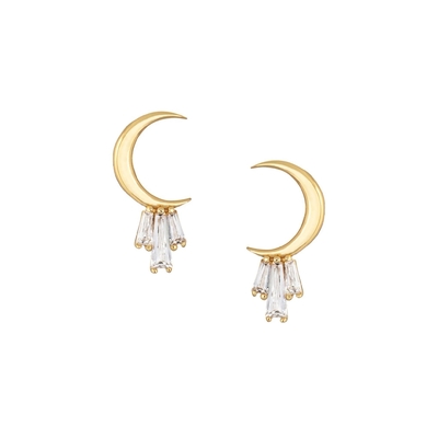 18K Oro Revestido 925 Plata Esterlina Baguette Lunar Stud Aretes para Mujeres AAA CZ Piedra