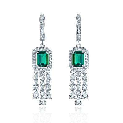 Real plata esterlina 925 Baguette verde CZ Diamante Long Hoop Aretes para el uso unisex