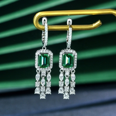 Real plata esterlina 925 Baguette verde CZ Diamante Long Hoop Aretes para el uso unisex