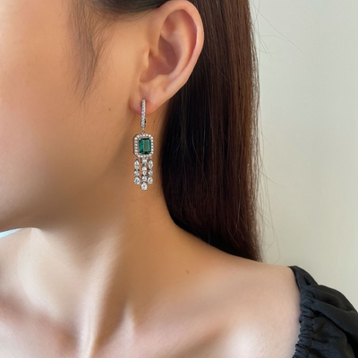 Real plata esterlina 925 Baguette verde CZ Diamante Long Hoop Aretes para el uso unisex