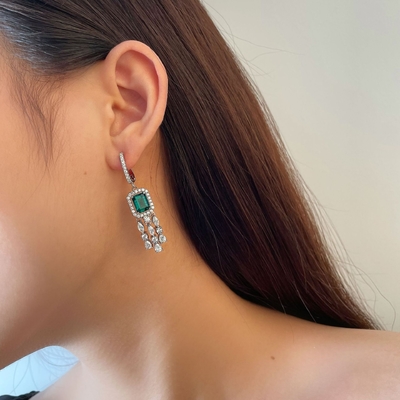 Real plata esterlina 925 Baguette verde CZ Diamante Long Hoop Aretes para el uso unisex