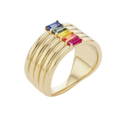 18K Oro Revestido Rainbow Baguette Corte CZ Multi Moda 925 Anillos de Mujeres de Plata Esterlina