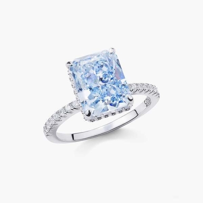 Bagueta plateada Diamante azul 5A Corte de hielo CZ Anillo de compromiso de boda para mujeres 925 plata esterlina