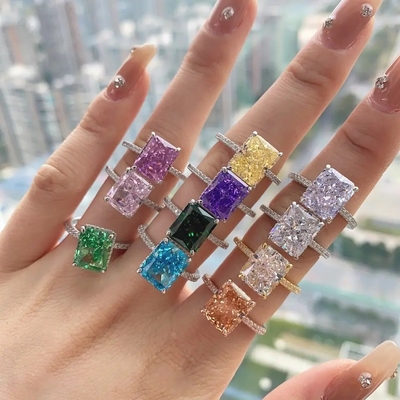 Bagueta plateada Diamante azul 5A Corte de hielo CZ Anillo de compromiso de boda para mujeres 925 plata esterlina