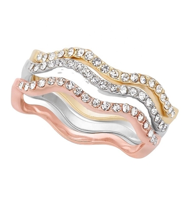 3 piezas Pave Ring Set Rhodium Plated Wave Ring Plata Esterlina