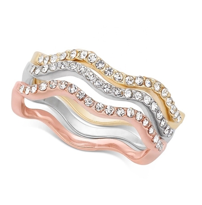 3 piezas Pave Ring Set Rhodium Plated Wave Ring Plata Esterlina