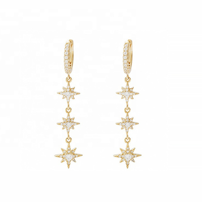 Revestidos de oro 925 plata brasileña Starburst Long Dangle Hoop Aretes para mujeres