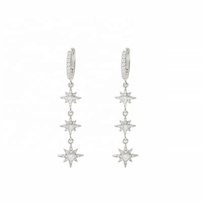 Revestidos de oro 925 plata brasileña Starburst Long Dangle Hoop Aretes para mujeres