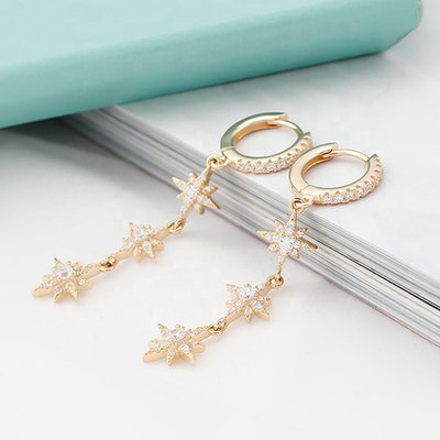 Revestidos de oro 925 plata brasileña Starburst Long Dangle Hoop Aretes para mujeres