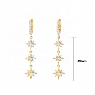 Revestidos de oro 925 plata brasileña Starburst Long Dangle Hoop Aretes para mujeres