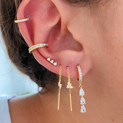 Los aretes de Dango Largo de Zircón cúbico de gota de agua brasileña en aros de oro de 18K