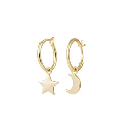 A la moda 925 de plata esterlina Los aretes con estrella y luna de oro asimétrico Revestido para mujeres