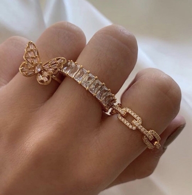 925 plata esterlina anillo de cadena de enlace de borde 18K mujeres anillos de zirconia cúbica
