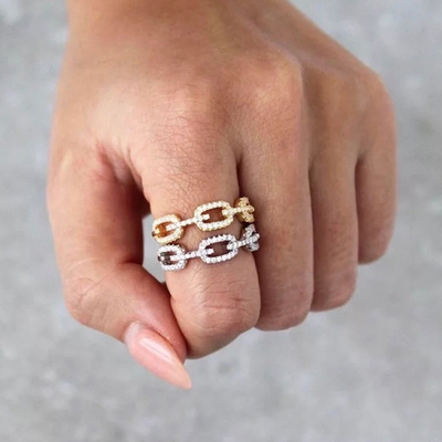925 plata esterlina anillo de cadena de enlace de borde 18K mujeres anillos de zirconia cúbica