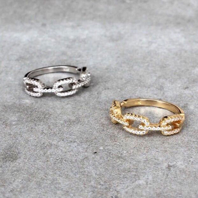925 plata esterlina anillo de cadena de enlace de borde 18K mujeres anillos de zirconia cúbica