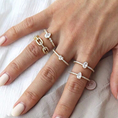 925 plata esterlina anillo de cadena de enlace de borde 18K mujeres anillos de zirconia cúbica
