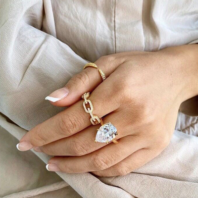 925 plata esterlina anillo de cadena de enlace de borde 18K mujeres anillos de zirconia cúbica