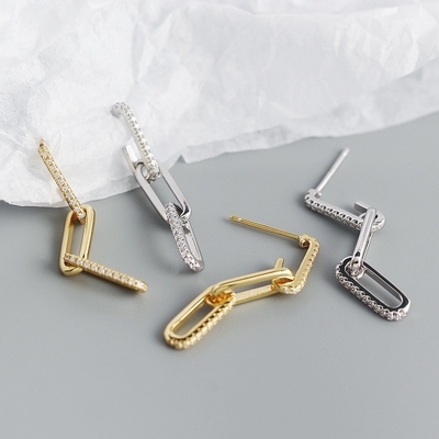 Retro Paperclip Rectangular Chain Los aretes en plata esterlina 925 para la noche de las damas