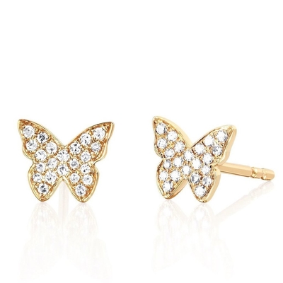 Los pendientes de oro de mariposa de 18K hechos a mano con el marco blanco y el zircón