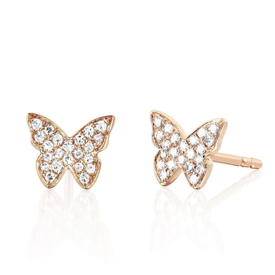 Los pendientes de oro de mariposa de 18K hechos a mano con el marco blanco y el zircón