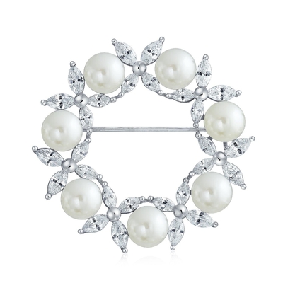 Broche de hojas doradas círculo de perlas blancas 925 de plata broches de lujo para mujeres