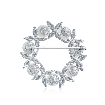 Broche de hojas doradas círculo de perlas blancas 925 de plata broches de lujo para mujeres